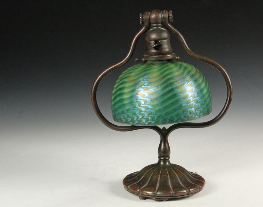 Appraisal: TIFFANY BOUDOIR LAMP - Green Favrile Damascene Dome Shade in