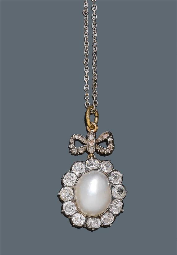 Appraisal: DIAMOND AND PEARL PENDANT WITH CHAIN ca Silver and yellow