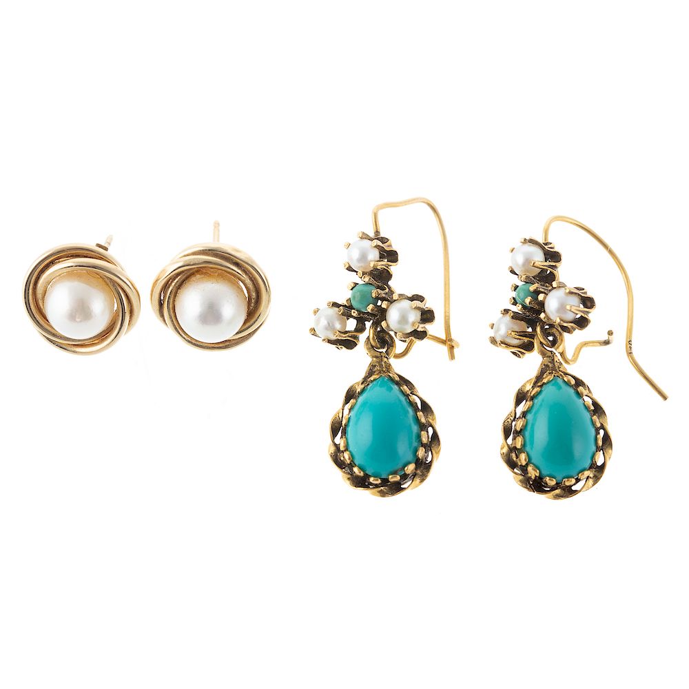 Appraisal: Two Pairs of K Turquoise Pearl Earrings K yellow gold