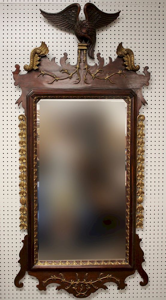 Appraisal: Anglo American Mahogany Giltwood Looking Glass Surmounted by an carved