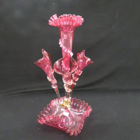 Appraisal: Victorian Cranberry Art Glass Epergne four lily circa clear applied