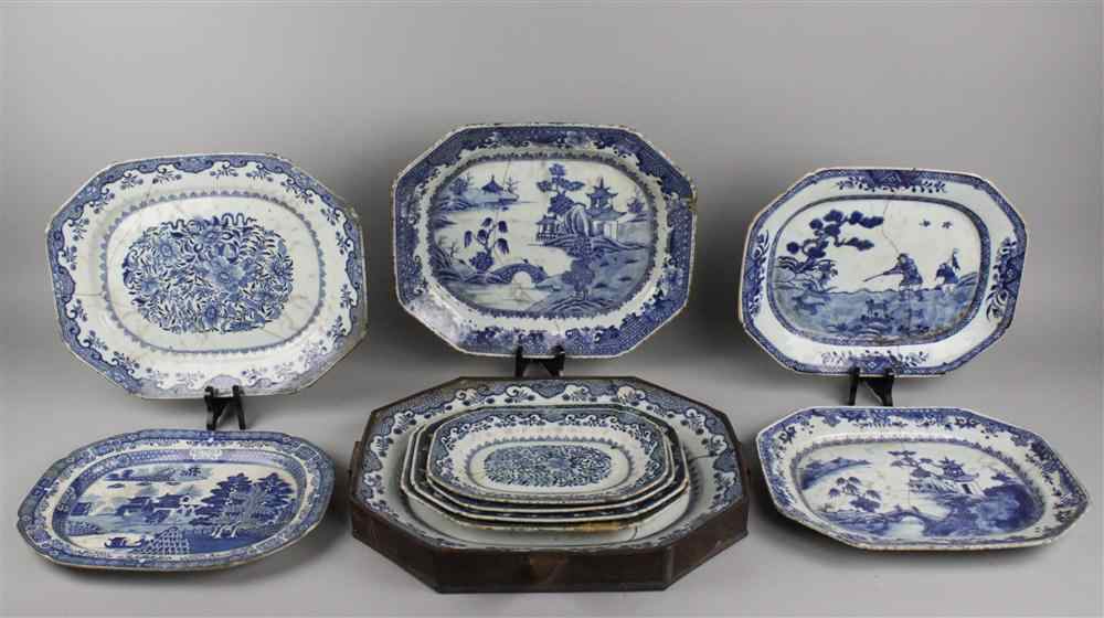 Appraisal: NINE CHINESE EXPORT BLUE AND WHITE SHAPED RECTANGULAR PLATTERS LATE