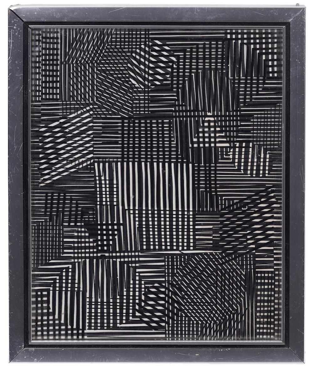 Appraisal: AGAM STYLE FRAMED BLACK WHITE PAINTINGAgam style dimensional painting in