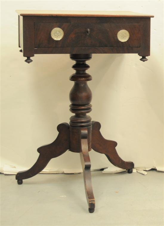 Appraisal: Mahogany single drawer stand glass knobs pedestal tripod base ''