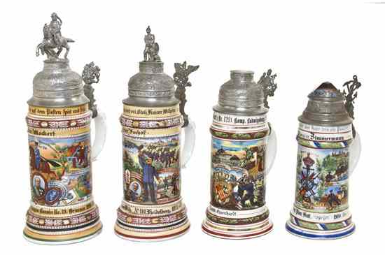 Appraisal: Four German Regimental Porcelain Steins each liter depicting images of