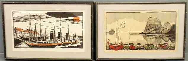 Appraisal: Pair of original French woodblock prints of boats in harbors