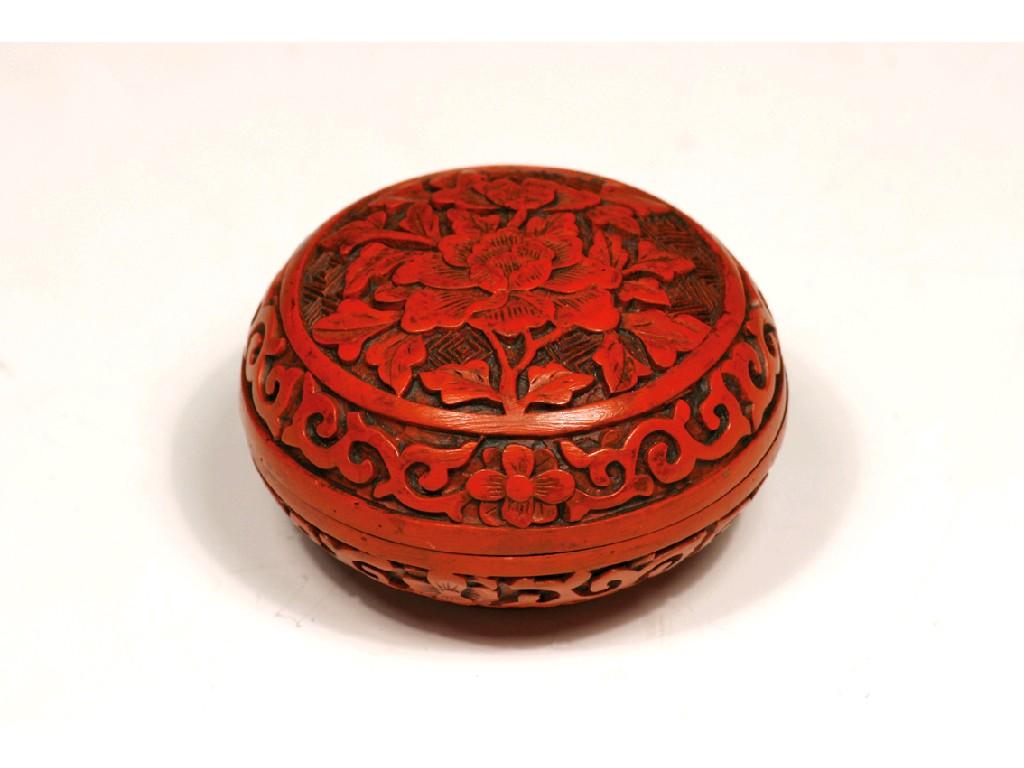 Appraisal: A CHINESE CINNABAR LACQUER CIRCULAR BOX decorated with flowers and