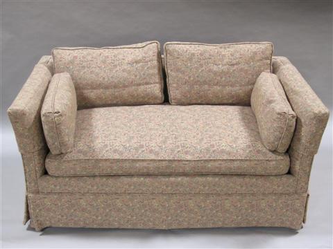 Appraisal: BLUSH FLORAL UPHOLSTERED LOVE SEAT th century square construction with