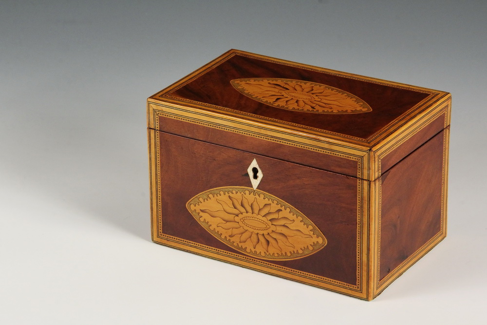 Appraisal: TEA CADDY - Rectangular Mahogany Caddy circa with oval sunburst