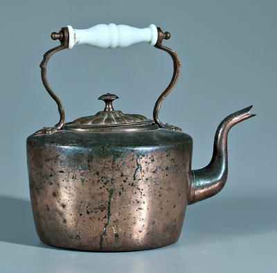 Appraisal: English copper coffeepot dovetailed construction ribbed lid milk glass handle