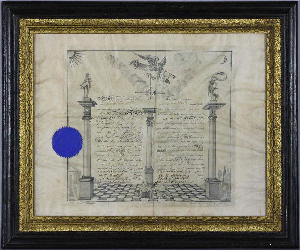 Appraisal: FRAMED MASONIC BROTHERHOOD CERTIFICATE FROM ALEXANDRIA - WASHINGTON LODGE NO