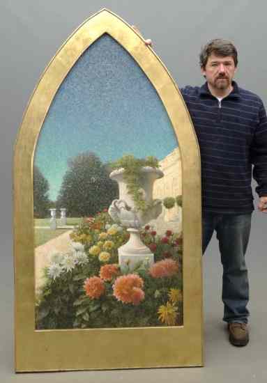 Appraisal: Decorative arched top painting in gilt frame '' x ''