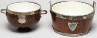 Appraisal: English Oak Trophy Bowl Bucket ca With porcelain inner bowls