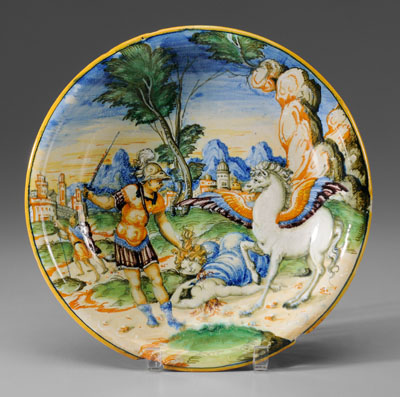 Appraisal: Majolica Footed Bowl Italian th century tin-glazed earthenware depicting Perseus