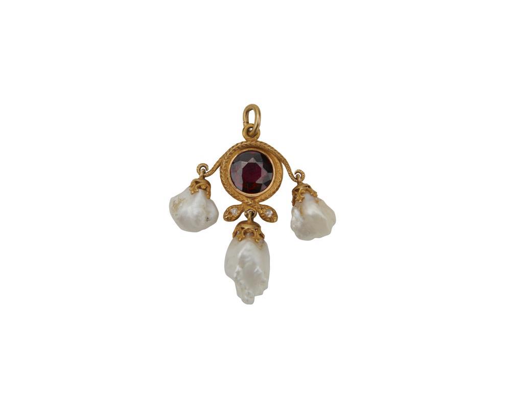 Appraisal: K Gold Garnet Pearl and Diamond Pendant the double serpent-head