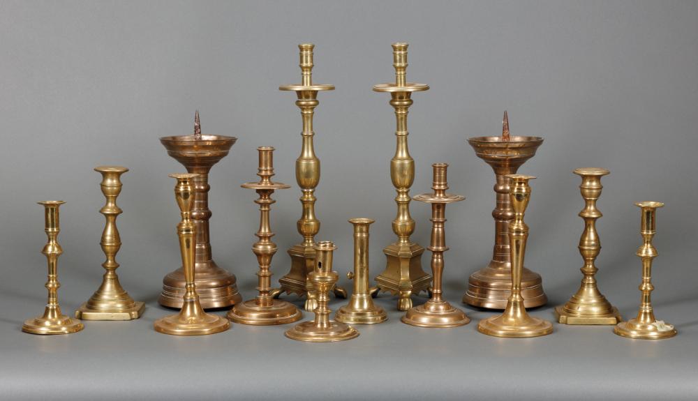 Appraisal: Fourteen Antique Brass Candlesticks incl five pairs and four singles