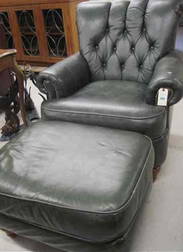 Appraisal: GREEN LEATHER EASY CHAIR AND MATCHING OTTOMAN by Flexsteel Industries