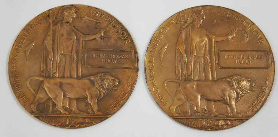 Appraisal: Two Brothers Bronze Death Plaques Medals for John Thomas Hully