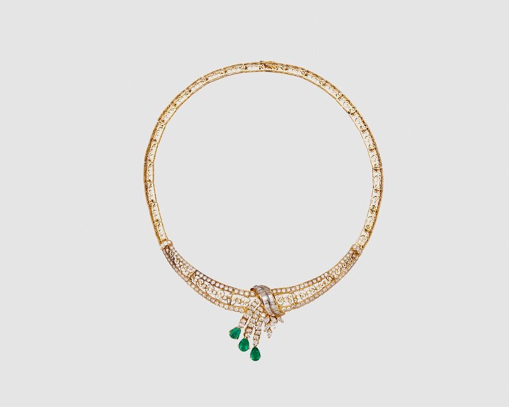 Appraisal: K Yellow Gold Emerald and Diamond Necklace K Yellow Gold