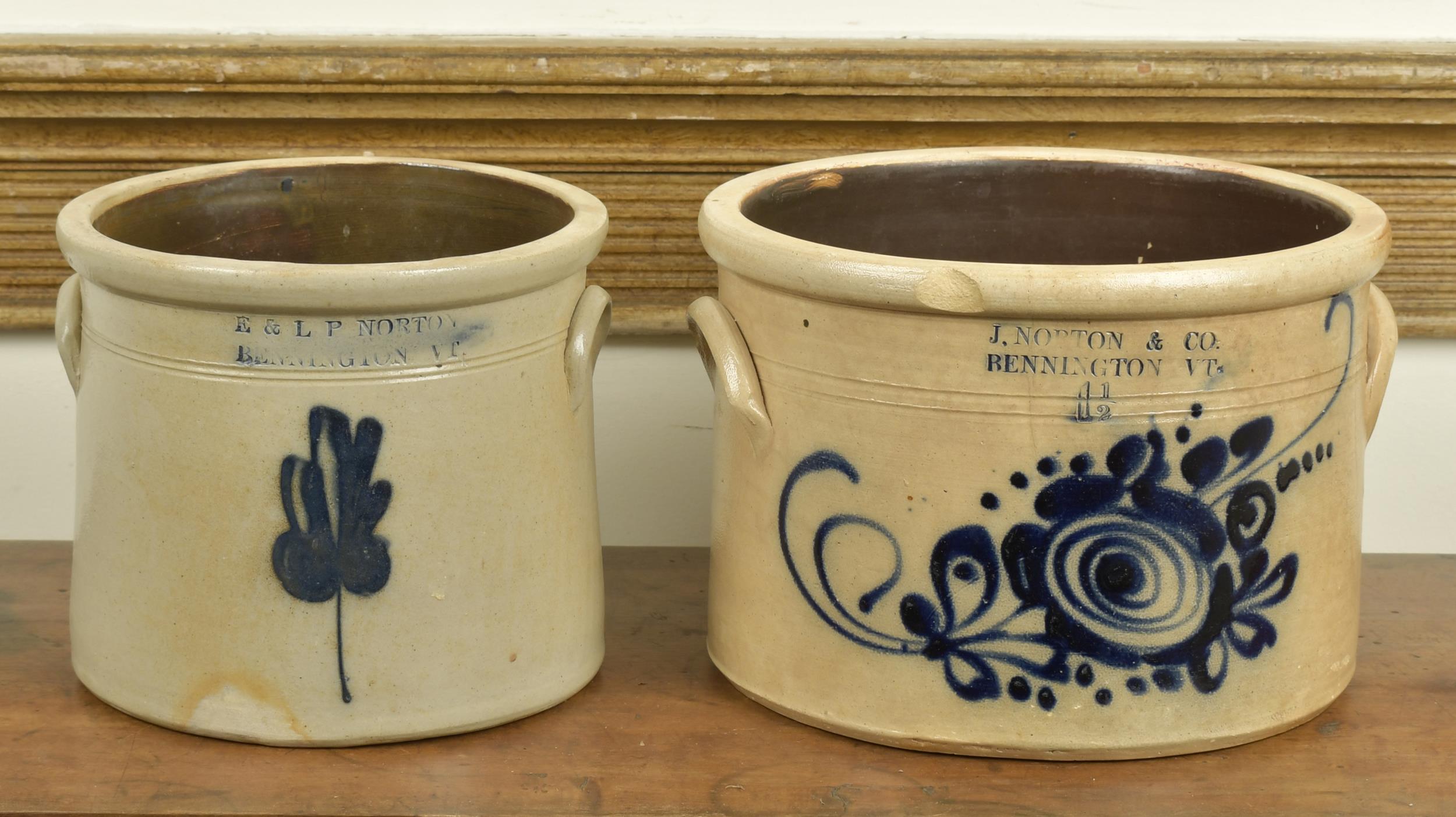 Appraisal: TWO NORTON BENNINGTON VT STONEWARE CROCKS Floral cobalt decorated gallon