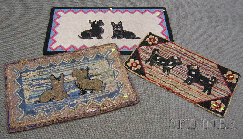 Appraisal: Three Dog Pattern Hooked Rugs two Scottie and a puppies