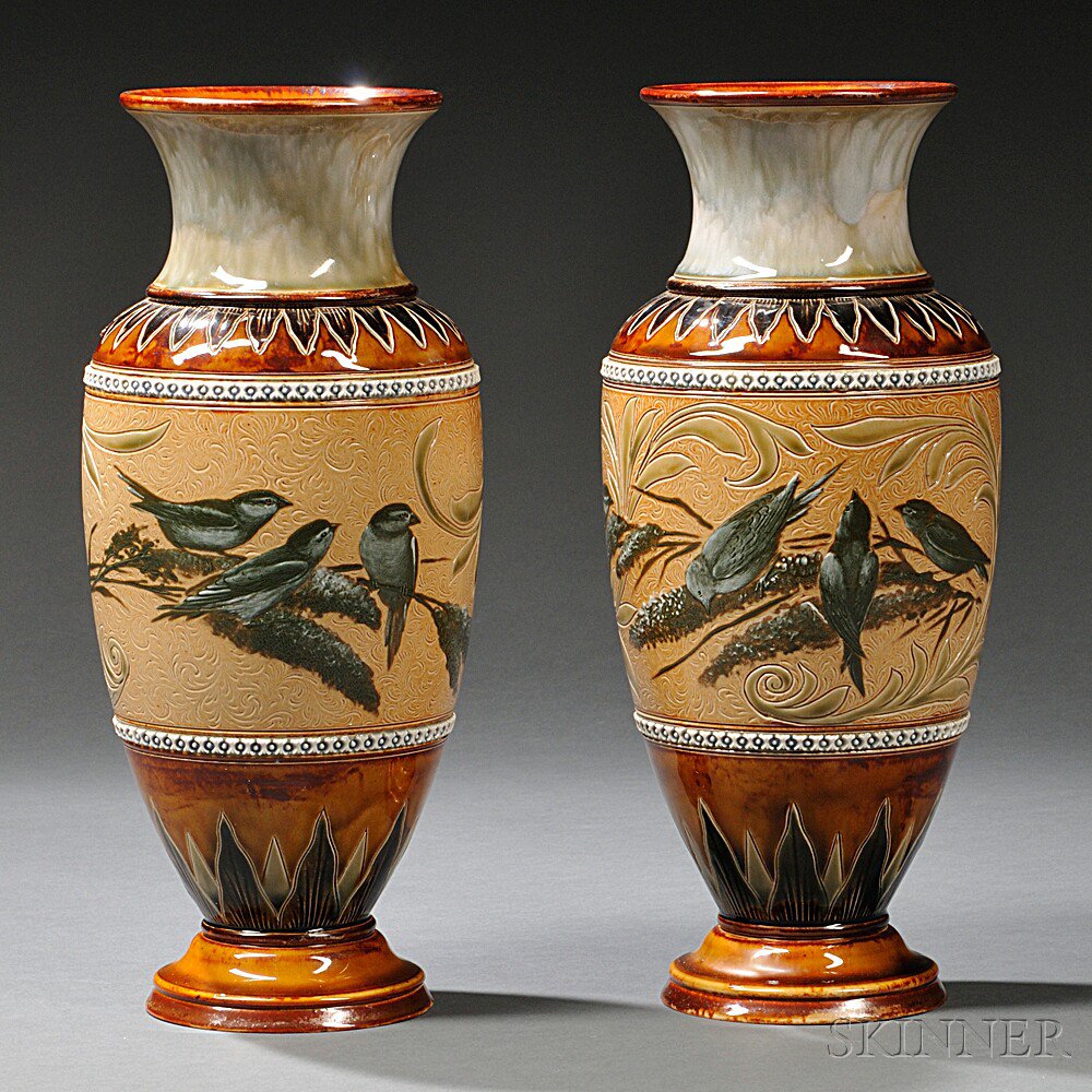 Appraisal: Pair of Doulton Lambeth Florence Barlow Decorated Vases England late