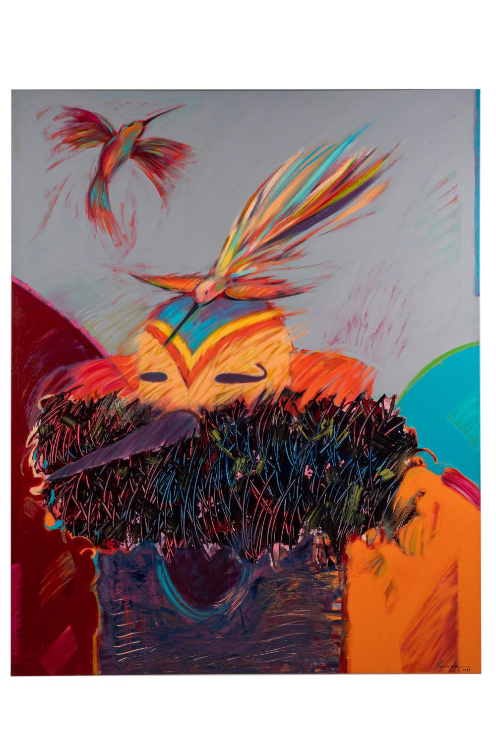 Appraisal: DAN NAMINGHA B HUMMINGBIRD KACHINA acrylic on canvas signed and