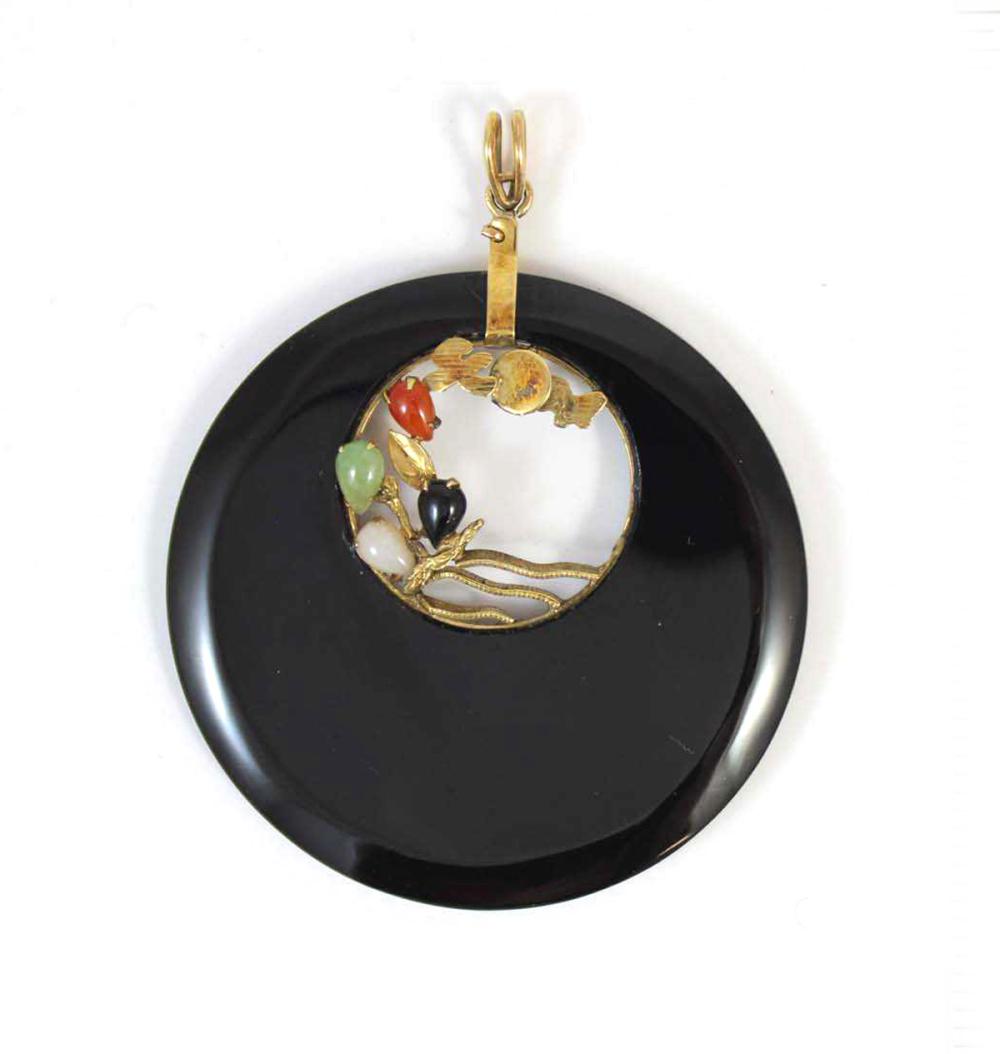 Appraisal: MULTI-COLOR JADE ONYX AND FOURTEEN KARAT GOLD PENDANT with a