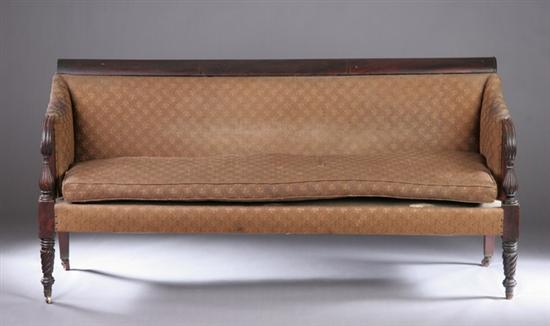 Appraisal: AMERICAN CLASSICAL MAHOGANY UPHOLSTERED BOX-FORM SOFA Circa probably Massachusetts Backscrolled