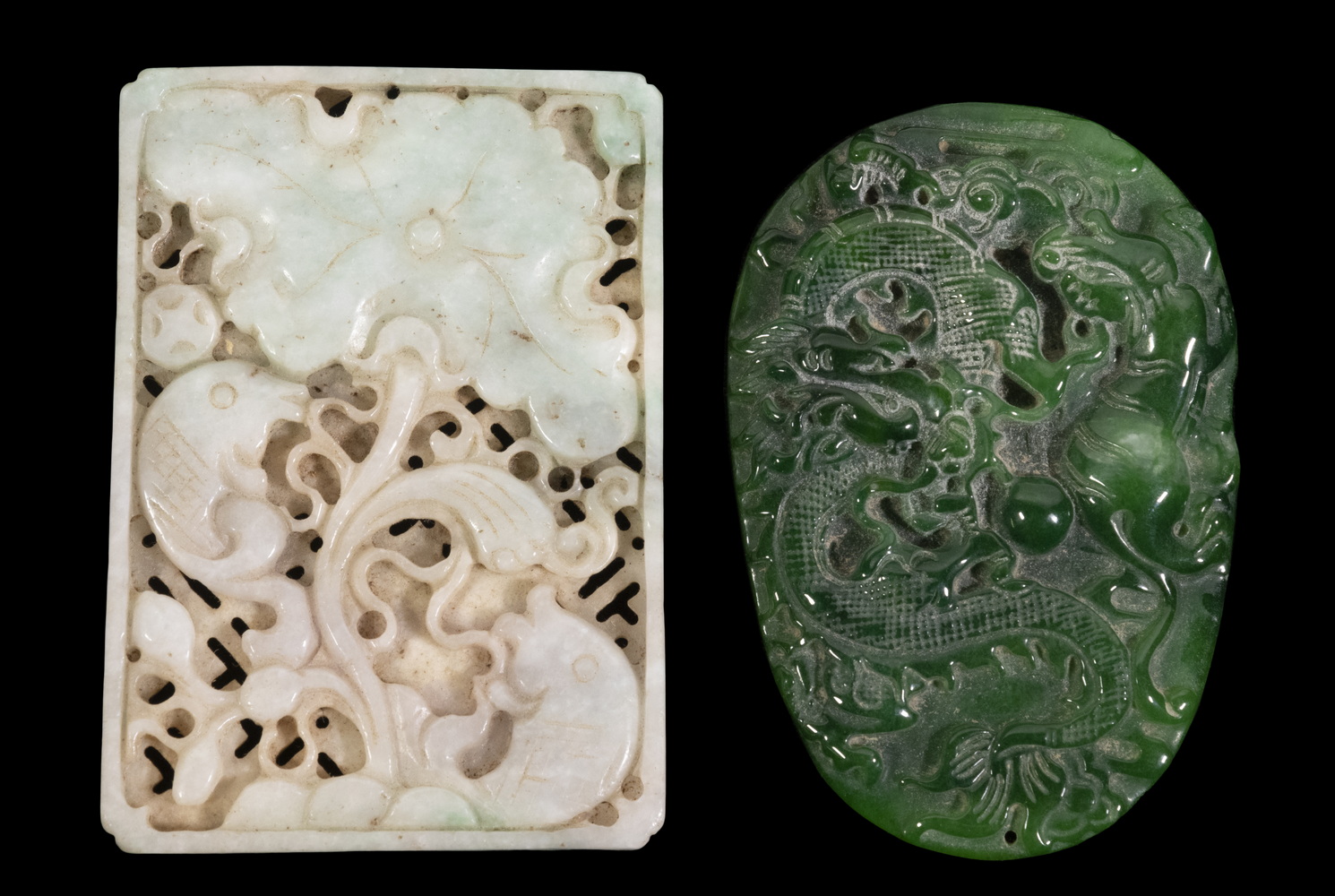 Appraisal: CHINESE JADE PANELS Rectangular Reticulated with Koi and Blossom in