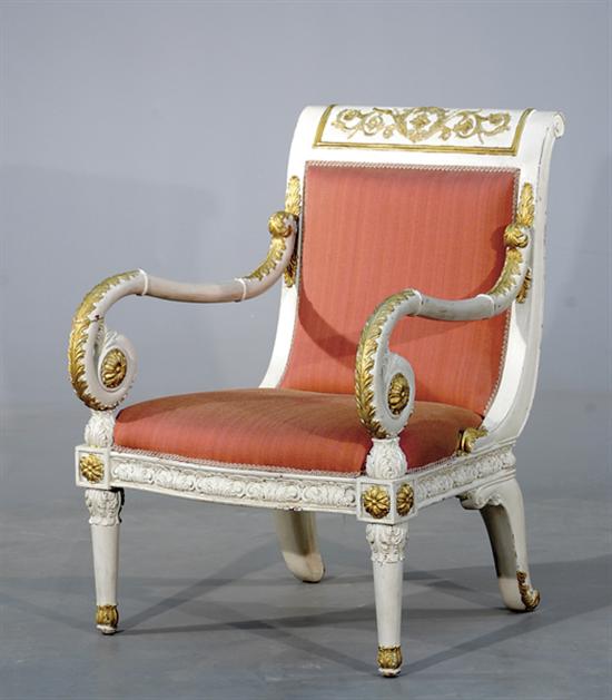 Appraisal: Pair Italian style carved and painted armchairs shaped and scrolling