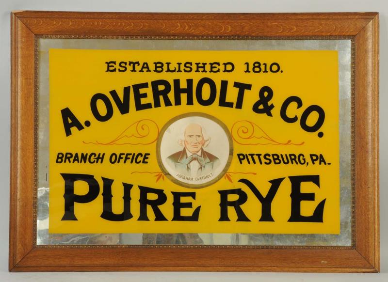 Appraisal: Overholt Pure Rye Whiskey Glass Sign This Overholt Whiskey sign