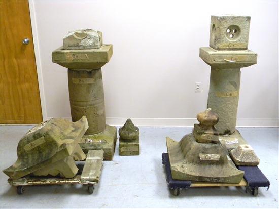 Appraisal: Two stone garden ornaments lantern type top columnar pedestal some