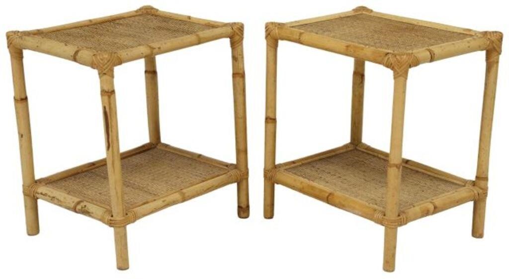 Appraisal: pair Vintage two-tier nightstands th c bamboo frame encasing woven