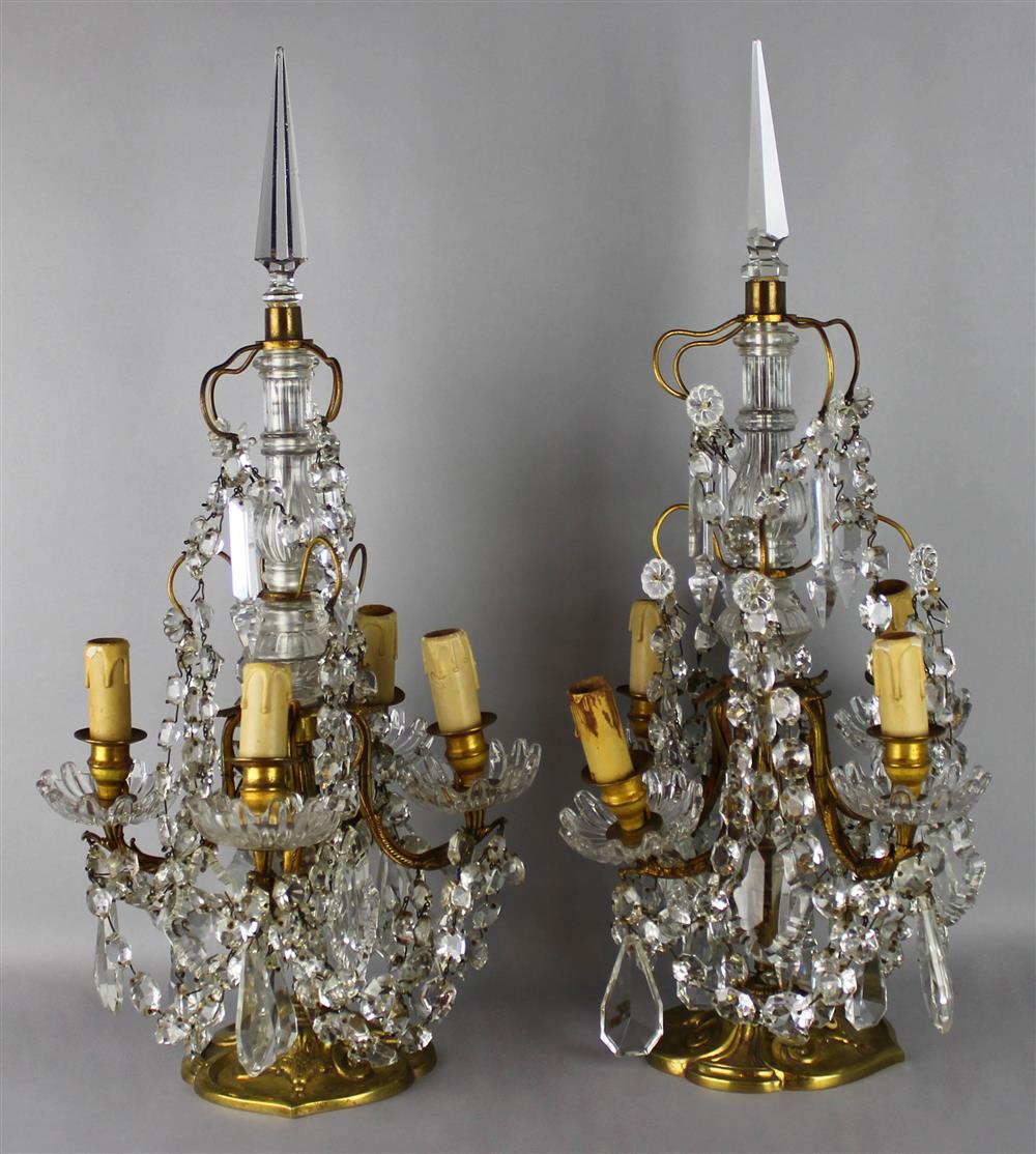 Appraisal: PAIR OF LOUIS XV STYLE GILT BRONZE AND GLASS GIRANDOLES