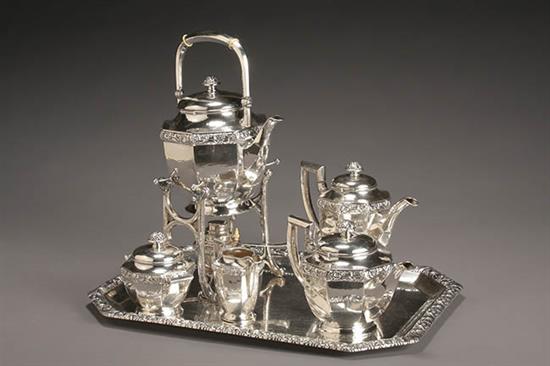 Appraisal: German Silver Five-Piece Coffee and Tea Service with Tray Lazarus