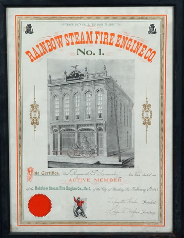 Appraisal: Membership certificate for the Rainbow Steam Fire Engine Company No