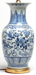 Appraisal: Chinese Blue White Baluster Jar Lamp Painted with birds and