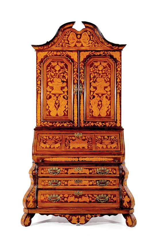 Appraisal: Dutch marquetry bombe bureau bookcase circa domed gooseneck pediment over