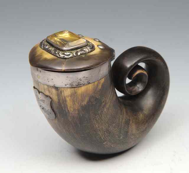 Appraisal: A SCOTTISH RAMS HORN SNUFF MULL with silver mounts and