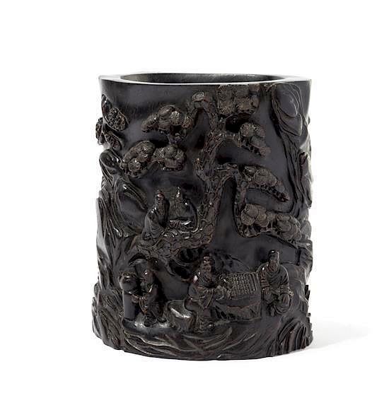 Appraisal: A Carved Zitan Brush Pot Bitong Height inches A Carved