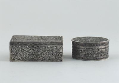 Appraisal: Two silver-coloured metal filigree boxes the circular box with a