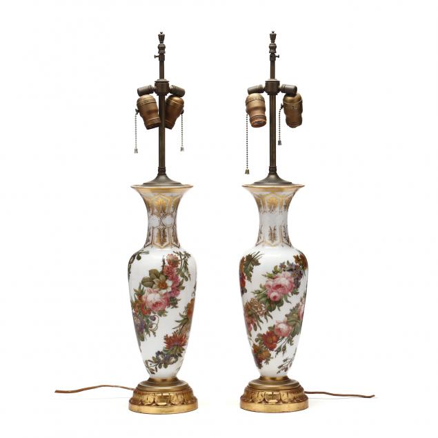 Appraisal: PAIR OF PAINTED BRISTOL GLASS TABLE LAMPS Late th century