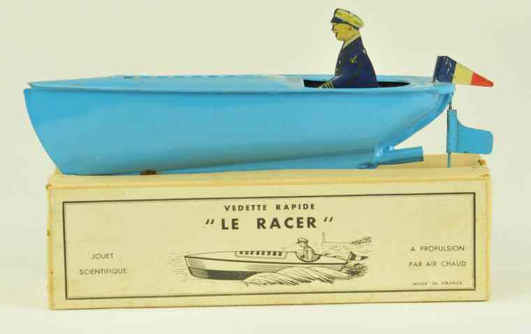 Appraisal: 'LE RACER'' PUT-PUT WITH BOX France tin toy boat with