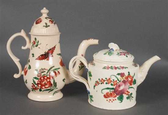 Appraisal: Staffordshire polychrome creamware coffeepot and a similar drum-form teapot second