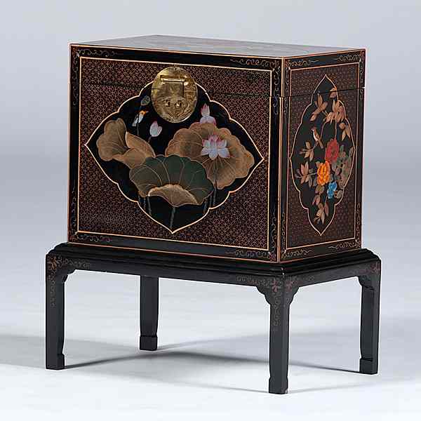 Appraisal: Asian Chest on Wooden Stand Asian th century A black