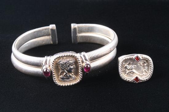 Appraisal: SEIDENGANG STERLING SILVER BRACELET AND RING Double-ribbed cuff bracelet centered