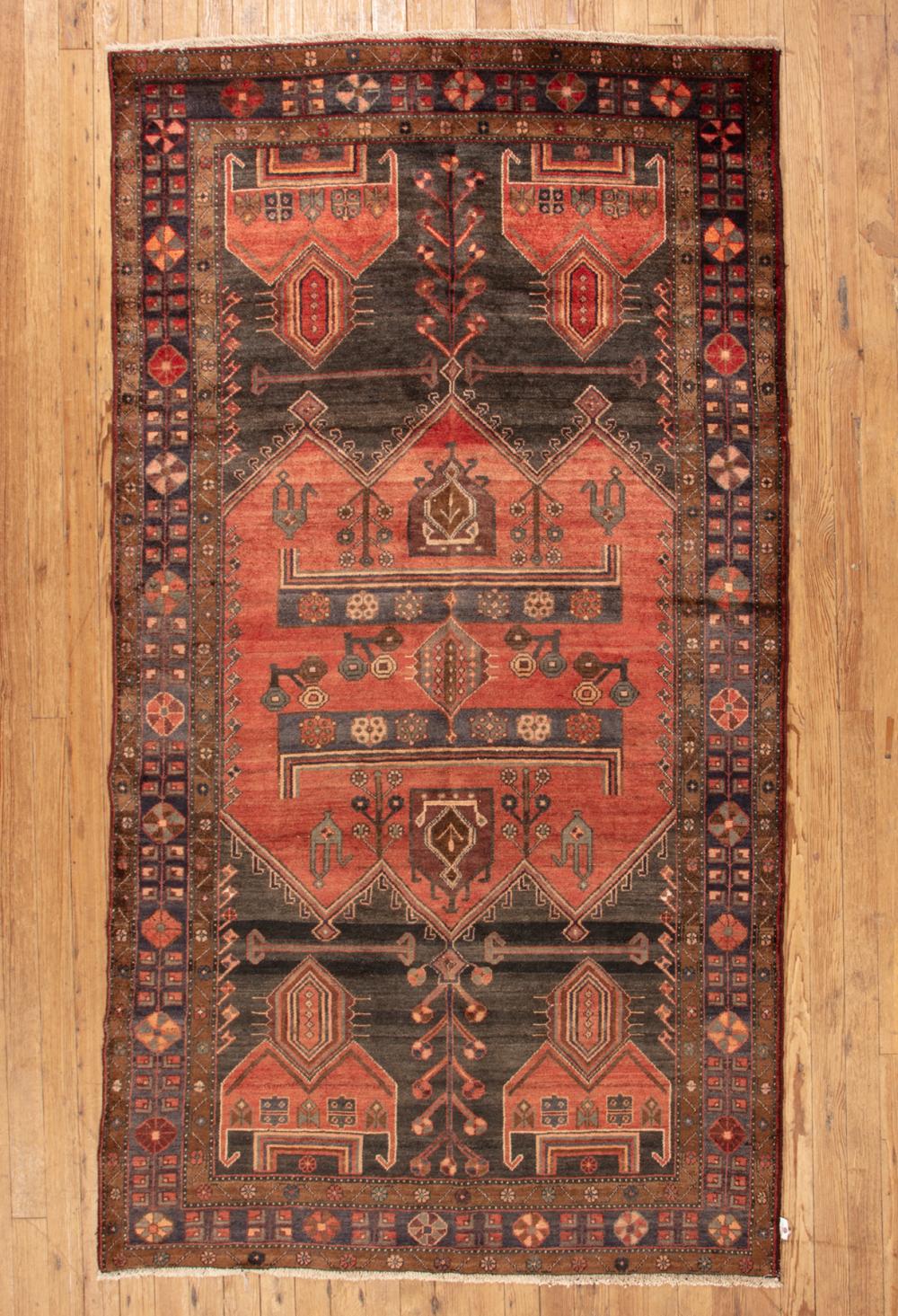 Appraisal: Persian Malayer Carpet red and teal ground geometric medallions ft