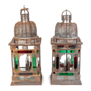 Appraisal: A Pair of Middle Eastern Stamped Metal and Colored Glass