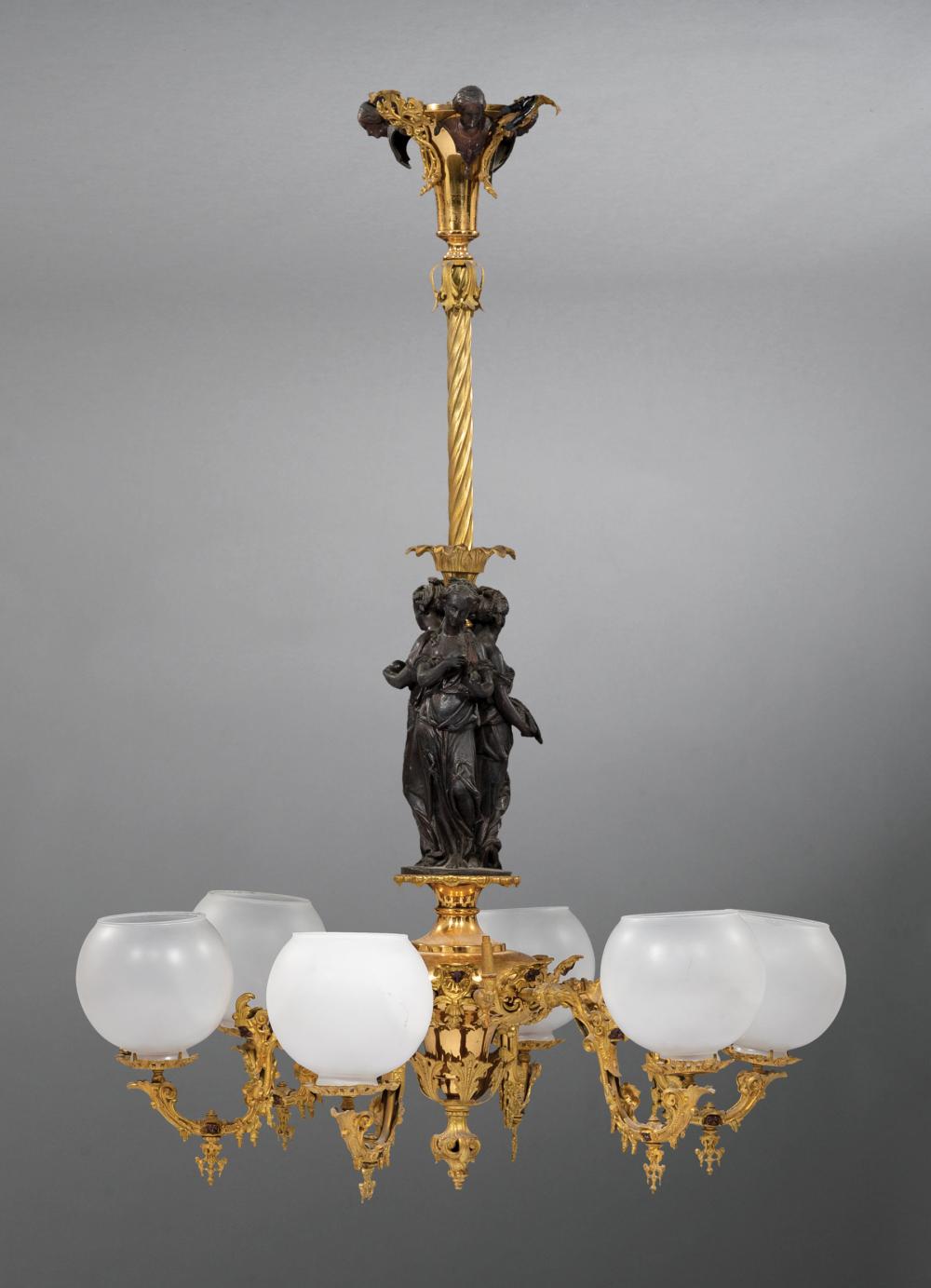 Appraisal: Fine American Rococo Gilt and Patinated Bronze Six-Light Gasolier c